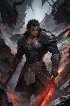 Similar to baldurs gate portraits, Male, young,human half-orc, demiorc, strong, two handed sword, greatsword, Berserk, medieval background, black suit, medieval clothes, midnight, fury, blood ,Pectoral Focus,r1ge