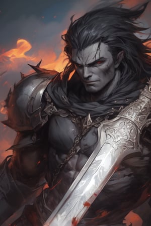 Similar to baldurs gate portraits, Male, young,human half-orc, demiorc, strong, two handed sword, greatsword, Berserk, medieval background, black suit, medieval clothes, midnight, fury, blood ,Pectoral Focus,r1ge