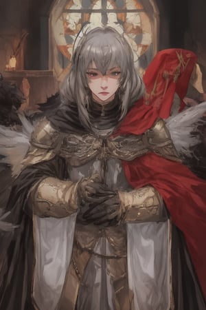 Young, medium_hair, Gray hair, heterochromia, Golden clothes, templar armor, medieval church,milfication