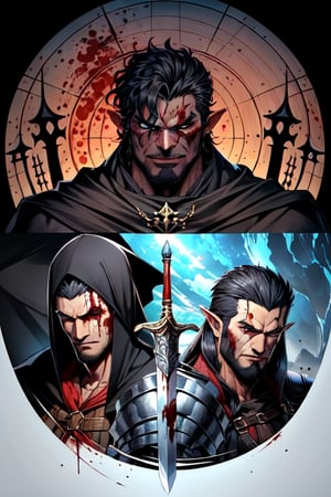 (Similar to baldurs gate portraits)Male, youn, half-orc, demiorc, strong, two handed sword, bug sword, Berserk, guts, medieval background, black suit, medieval clothes, midnight, fury, blood ,Pectoral Focus,r1ge