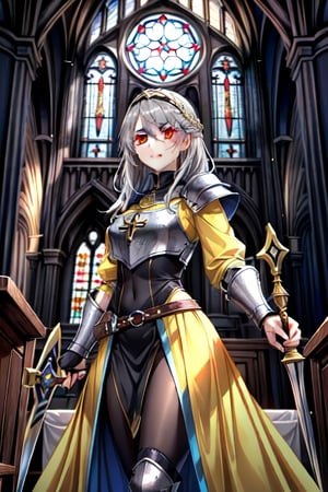 Similar to baldurs gate portraits, young, Dual wielding, Gray hair, medieval church, templar armor, night, yellow eyes, medium, Golden clothes, medium hair,nodf_lora