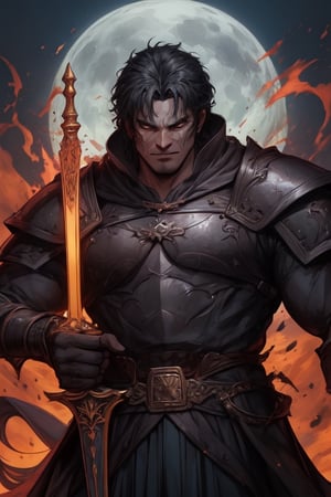 (Similar to baldurs gate portraits)Male, youn, half-orc, demiorc, strong, two handed sword, bi,g sword, Berserk, guts, medieval background, black suit, medieval clothes, midnight, fury, blood ,Pectoral Focus,r1ge