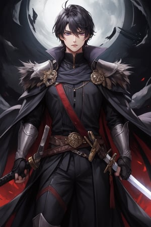 Young, black hair, purple eyes, black clothes, two-handed sword, male