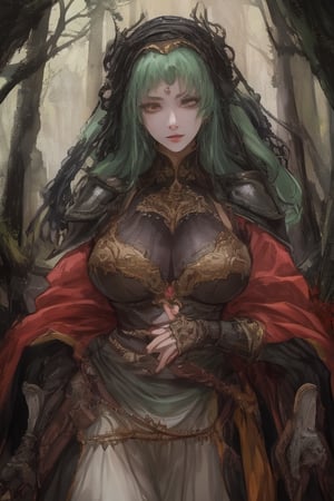 Young, emerald_eyes, emerald clothes, light armor, medieval Forest,milfication, bow,mature female