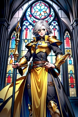 Similar to baldurs gate portraits, young templar with a gray hair AND yellow color eyes, Golden clothes with a templar armor in a medieval church, Is doing dual wielding ,r1ge