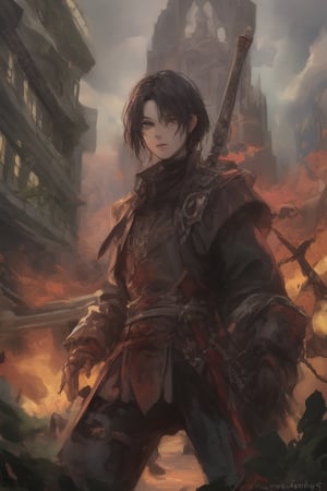 Young, black hair, purple eyes, black clothes, two-handed sword, male