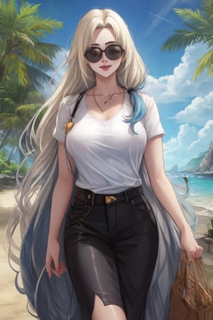 Blonde, joyfully, happy, casual outfit, beach background, sunglasses, long hair, tall, pretty, good outfit, smart, humble, generous, compasive, blue tainted hair