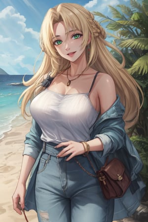 Blonde, joyfully, happy, casual outfit, beach background, long hair, cute, smart, humble, generous, compasive, blue dyed tips, Jewelry, green eyes, pretty 