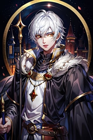 (Similar to baldurs gate portraits)Male, young, white hair, medium hair, red eyes, white skin, black clothes, mage, one staff, medieval background, night,nodf_lora