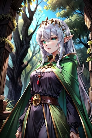 nodf_lora, elve, bow, medieval Forest, medieval clothes, emerald_eyes, green cape,milfication