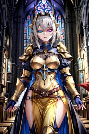 Young, medium_hair, Gray hair, heterochromia, Golden clothes, templar armor, medieval church,milfication