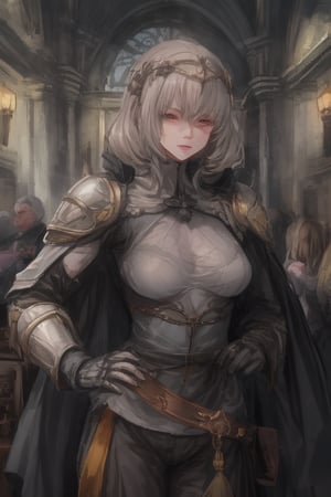 Young, medium_hair, Gray hair, heterochromia, Golden clothes, templar armor, medieval church,milfication