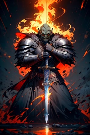 (Similar to baldurs gate portraits)Male, youn, half-orc, orc, strong, two handed sword, bug sword, Berserk, guts, medieval background, black suit, medieval clothes, midnight, fury, blood ,Pectoral Focus,r1ge