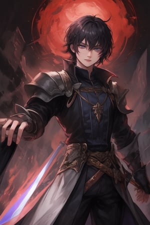 Young, black hair, purple eyes, black clothes, two-handed sword, male