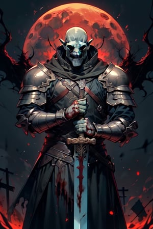 horror (theme),nodf_lora, a Half orc with a greatsword, medieval background, medieval armor, blood moon,r1ge