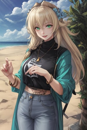 Blonde, joyfully, happy, casual outfit, beach background, long hair, cute, smart, humble, generous, compasive, blue dyed tips, Jewelry, green eyes, pretty 