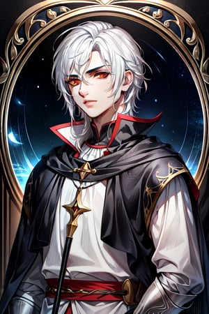 (Similar to baldurs gate portraits)Male, young, white hair, medium hair, red eyes, white skin, black clothes, mage, one staff, medieval background, night,nodf_lora