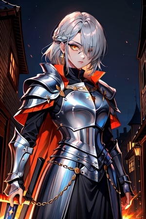 Similar to baldurs gate portraits, young, strong, Dual wielding, mage hunter, Gray hair, medieval background, medieval city, medieval armor, night, right eye orange, left eye blue, medium hair,nodf_lora,r1ge