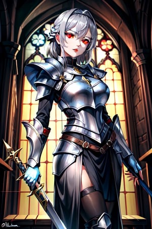 Similar to baldurs gate portraits, young, Dual wielding, mage hunter, Gray hair, medieval church, templar armor, night, yellow eyes, medium hair,nodf_lora,r1ge,milfication,mature female