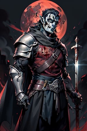 horror (theme),nodf_lora, a Half orc with a greatsword, medieval background, medieval armor, blood moon