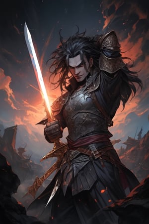 (Similar to baldurs gate portraits)Male, young, half-orc, demiorc, strong, two handed sword, greatsword, Berserk, medieval background, black suit, medieval clothes, midnight, fury, blood ,Pectoral Focus,r1ge