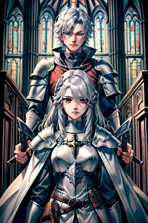 Similar to baldurs gate portraits, young, Dual wielding, mage hunter, Gray hair, medieval church, templar armor, night, right eye orange, left eye blue, medium hair,nodf_lora,r1ge