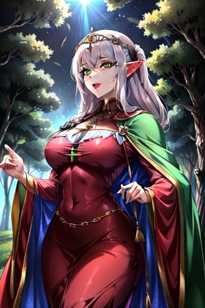 nodf_lora, elve, bow, medieval Forest, medieval clothes, emerald_eyes, green cape,milfication