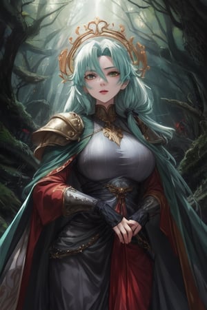 Young, emerald_eyes, emerald clothes, light armor, medieval Forest,milfication, bow,mature female