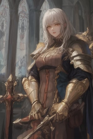 Young, medium_hair, Gray hair, yellow eyes, Golden clothes, templar armor, medieval church,milfication, dual_wielding 