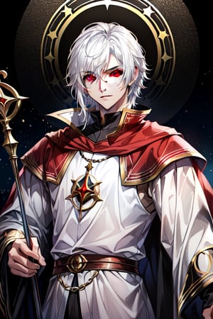 (Similar to baldurs gate portraits)Male, young, white hair, medium hair, red eyes, white skin, black clothes, mage, one staff, medieval background, night,nodf_lora