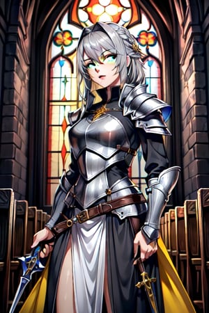 Similar to baldurs gate portraits, young, Dual wielding, mage hunter, Gray hair, medieval church, templar armor, night, yellow eyes, medium hair,nodf_lora,r1ge,milfication,mature female