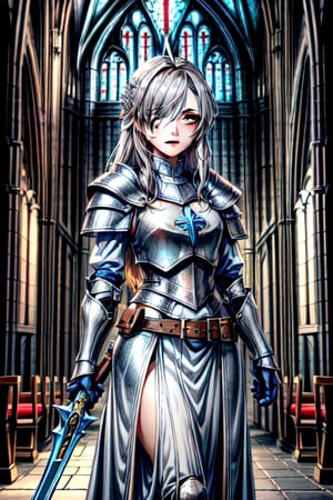 Similar to baldurs gate portraits, young, Dual wielding, mage hunter, Gray hair, medieval background, medieval church, templar armor, night, right eye orange, left eye blue, medium hair,nodf_lora,r1ge