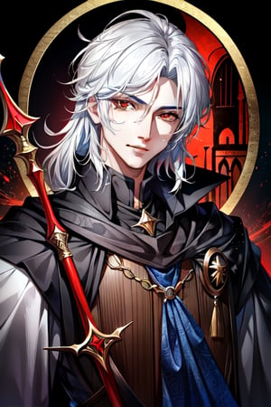 (Similar to baldurs gate portraits)Male, young, white hair, medium hair, red eyes, white skin, black clothes, mage, one staff, medieval background, night,nodf_lora