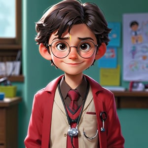 solo, looking at viewer, smile, short hair, shirt, black hair, long sleeves, 1boy, holding, jacket, white shirt, upper body, male focus, necktie, glasses, collared shirt, black eyes, vest, aged down, child, black necktie, red jacket, male child, eyewear removed, holding eyewear, stethoscope