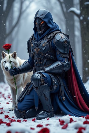 A crimson-clad knight, hood and cape billowing, kneels upon a snowy canvas scattered with rose petals. A majestic white wolf stands beside him, its piercing gaze mirroring the knight's own intense focus. (((The knight's Blue and white attire, adorned with gleaming skulls))), seems to absorb the soft forest glow at his back. His black mask and finely detailed face appear as if chiseled from dark stone. the knight (((holding a red rose in hand))). The (((digital painting illustration))) captures a cinematic moment, as the knight's powerful pose commands attention amidst the serene winter wonderland. close-up, low-angle shot, dynamic pose, F-GVA Armour Suit,Fantasy detailers