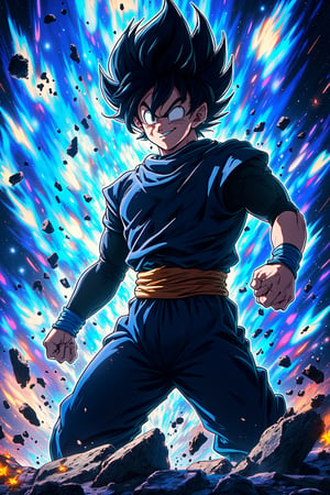 "((masterpiece, best quality)),(complex light),absurdres, highres, 1boy,solo,fighting stance, goku black,black hair,black eyes,blue fire destroyed debris background,smirk,"