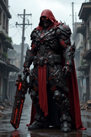 A dark , imposing figure clad in a red , hooded cloak stands in a dystopian urban environment, (((wielding an enormous, highly detailed mechanical massive chainsaw-like sword with red accents covered in intricate mechanical parts, gears, and spikes, giving it a menacing appearance))). (((The figure's face is obscured by the hood))), adding to the mysterious and intimidating presence. The background features dilapidated buildings and power lines, under a gray, overcast sky, enhancing the bleak and industrial atmosphere of the scene. The overall image exudes a sense of power, danger, and post-apocalyptic readiness. ultra-realistic, ultra-detailed,
,F-GVA Armour Suit