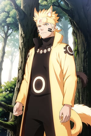 Nine-tailed fox's chakra swirling around him, Naruto Uzumaki stands proudly, his orange jumpsuit gleaming in the warm sunlight. Framed by a majestic tree branch, he poses confidently with one hand on his forehead and the other grasping Kurama's wispy tail. The vibrant greenery of the forest surrounds him, with gentle misty fog adding an air of mystique.