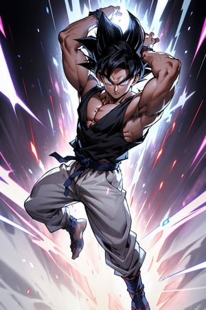 highly detailed, masterpiece, high quality, beautiful, full-body shot, son goku, son goku standing, ultra instinct, aura power, black sleeveless t-shirt, white pants, Insane detail in face, serious expression, closed mouth, slim, arms down, charging power, random background, grey eyes, 