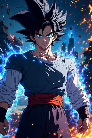 "((masterpiece, best quality)),(complex light),absurdres, highres, 1boy,solo,fighting stance, goku black,black hair,black eyes,blue fire destroyed debris background,smirk,"