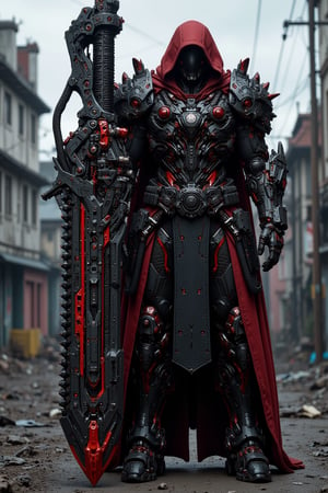 A dark , imposing figure clad in a red , hooded cloak stands in a dystopian urban environment, (((wielding an enormous, highly detailed mechanical massive chainsaw-like sword with red accents covered in intricate mechanical parts, gears, and spikes, giving it a menacing appearance))). (((The figure's face is obscured by the hood))), adding to the mysterious and intimidating presence. The background features dilapidated buildings and power lines, under a gray, overcast sky, enhancing the bleak and industrial atmosphere of the scene. The overall image exudes a sense of power, danger, and post-apocalyptic readiness. ultra-realistic, ultra-detailed,
,F-GVA Armour Suit