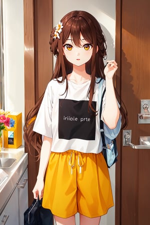 1girl, solo, long hair, shirt, brown hair, very long hair, toss hair, standing, white shirt, flower, short sleeves, shorts, indoors, bag, english text, t-shirt, door, yellow shorts