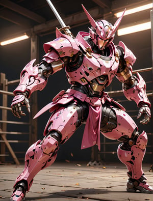 Anthropomorphic Flemish  , Cyborg, Shining eyes, wearing a pink samurai clothing in battle pose ,holding a whimp  of fencing , with wounds and scratches, musculated, anthropomorphic, anthropomorphic, full body shot, wide Angle, octane render RTX, render, realistic render, cinematic lighting 