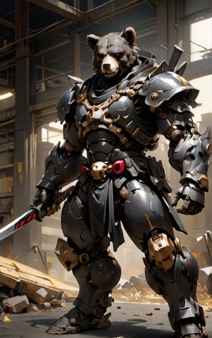 Anthropomorphic bear, Cyborg bear, black eyes, wearing black samurai clothing holding in battle pose a katana with bright black edge, bear with wounds and scratches, musculature bear, anthropomorphic, anthropomorphic, full body shot, wide Angle, octane render RTX, render, realistic render, cinematic lighting 