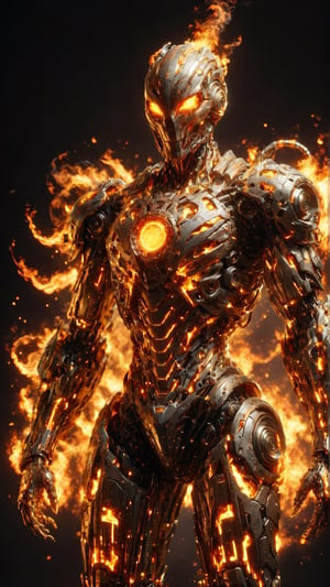 anthropomorphic creature made of fire , emanates quantities of said element,wearing  a cybernetic armor, you can see the background matches its element ,((Tall and skinny, really tall)) , full body shot, wide Angle, octane render RTX, render, realistic render, cinematic lighting, ultra-detailed, muscular body,