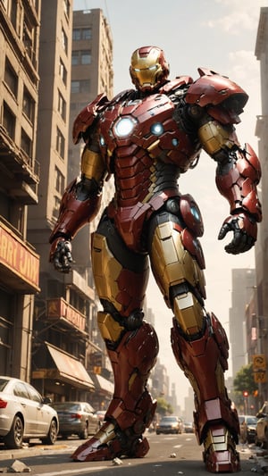 Massive gigantic Ironman armor, destroying entire cities, intact, intricated details,  Slender, Skinny,  full body shot, wide Angle, octane render RTX, render, realistic render, cinematic lighting 