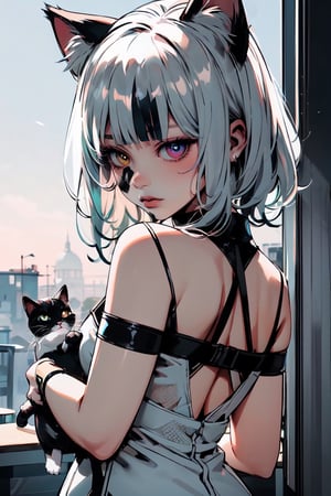 a girl,(heterochromia with green and blue),silver hair,cat eras, two-tone hair,she ((holding cat ears baby)),back ground:white, lineless,IncrsAprobMeme,masterpiece