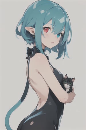 high-resolution, ultra-detailed, best  quality,detailed face,
a girl,(heterochromia with green and blue),Blac hair,cat eras, two-tone hair,she ((holding a kitten)),back ground:non,cartoon manga, lineless,IncrsAprobMeme,masterpiece,best quality,flat avatar,
Use color:black,red,white,