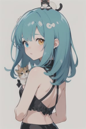 high-resolution, ultra-detailed, best  quality,detailed face,
a girl,(heterochromia with green and blue),Blac hair,cat eras, two-tone hair,she ((holding a kitten)),back ground:non,cartoon manga, lineless,IncrsAprobMeme,masterpiece,best quality,flat avatar,
Use color:black,red,white,