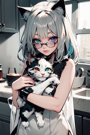 a girl,(heterochromia with green and blue),silver hair,cat eras, two-tone hair,she ((holding cat ears baby)),back ground:white, ,IncrsAprobMeme,masterpiece